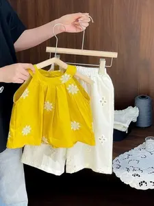 Setelan Anak Korean Girl Bordir Halter Neck Summer Atasan Dan Celana | Baju Anak Perempuan Satu Set Terbaru Kekinian | Gaun Anak Perempuan Two Pieces - A102