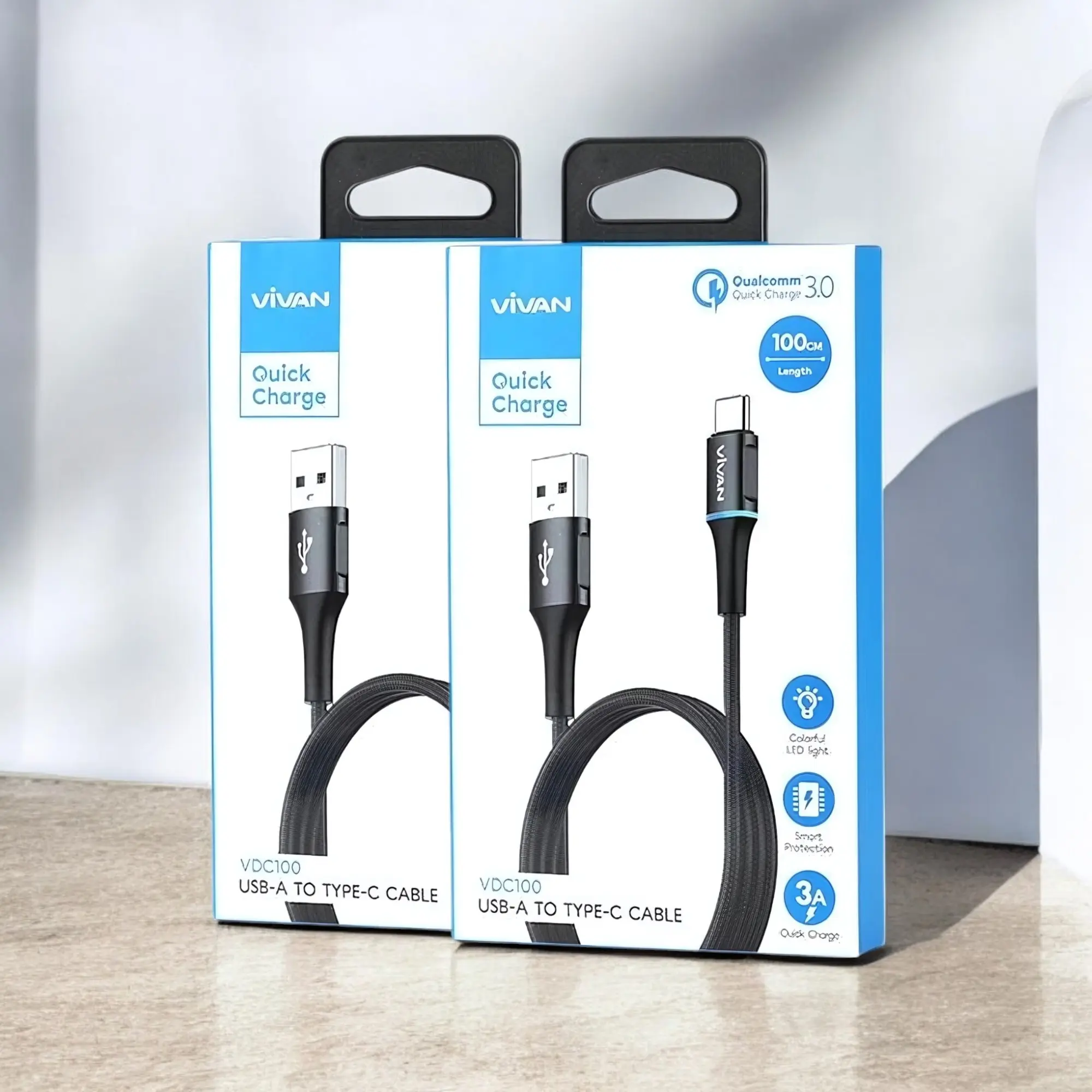 Kabel Data Vivan VDC100 3A LED Quick Charger USB-A To Type-C