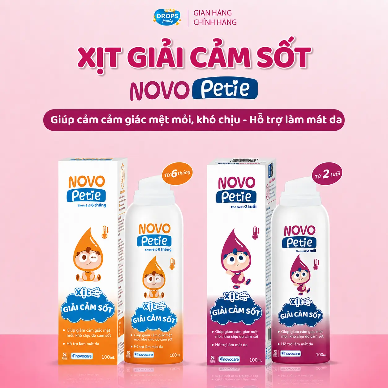 Xịt giải cảm sốt Novopetie giảm khó chịu do cảm cúm, làm mát, lọ 100ml