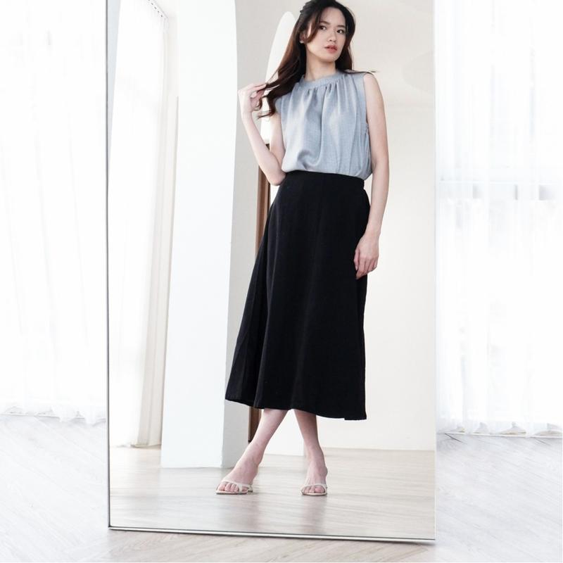 Starry Rok A-Line Panjang Linen Elegan Cutting Bagus Karet Wanita Casual Rok Flare Nyaman 6