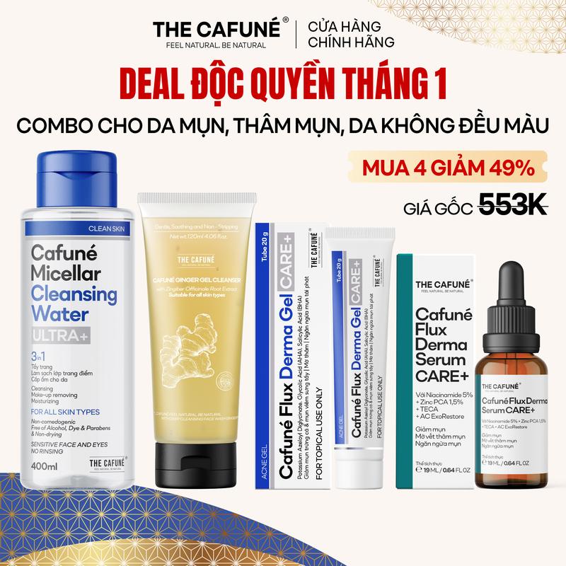   COMBO ĐẶC BIỆT  Combo Chăm Sóc Da Mụn & Thâm Toàn Diện Bao Gồm Nước Tẩy Trang Micellar 400ml + Sữa Rửa Mặt Gừng 120ml + Serum Dưỡng Da Dầu Mụn 19ml + Gel Thoa Mụn Thâm 20g 