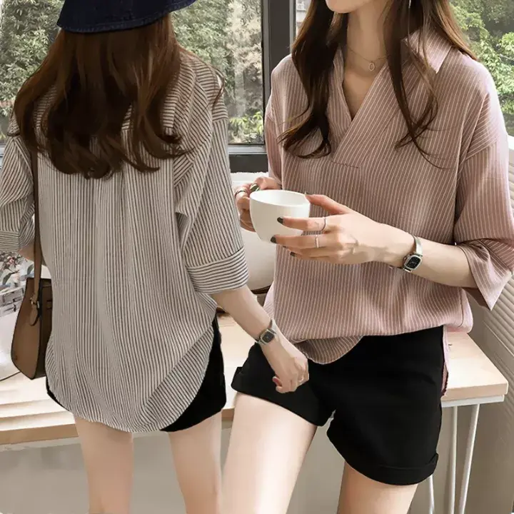 M-4XL Korean Style Plus Size Loose Striped Shirt For Women Casual Seven-point Sleeve Blouse Top