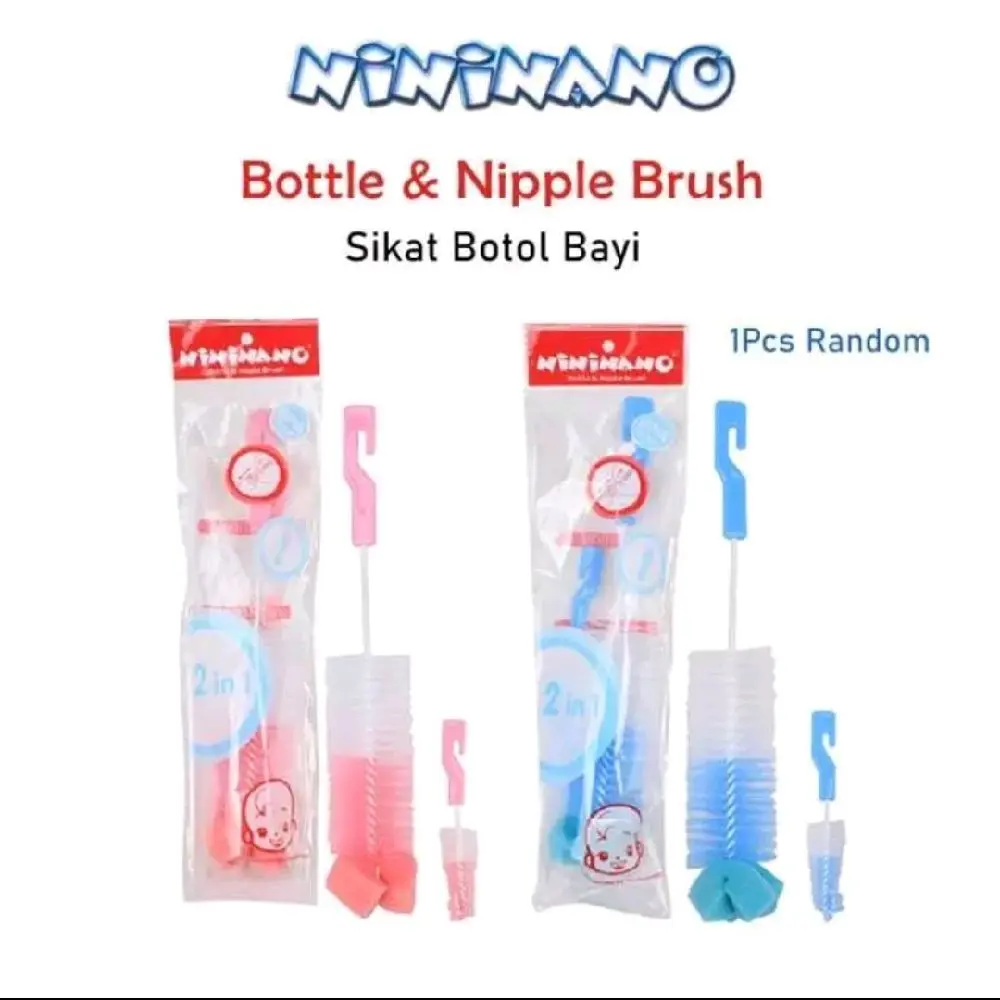 NININANO Sikat Pembersih Botol & Dot 2 in 1 BPA Free untuk Botol Bayi dengan Desain Random