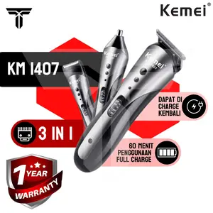 Kemei KM-1407 Pemangkas Rambut 3 in 1 Rechargeable Hair Clipper Alat Cukur Listrik Pria Hitam - Elektrik, Jenggot