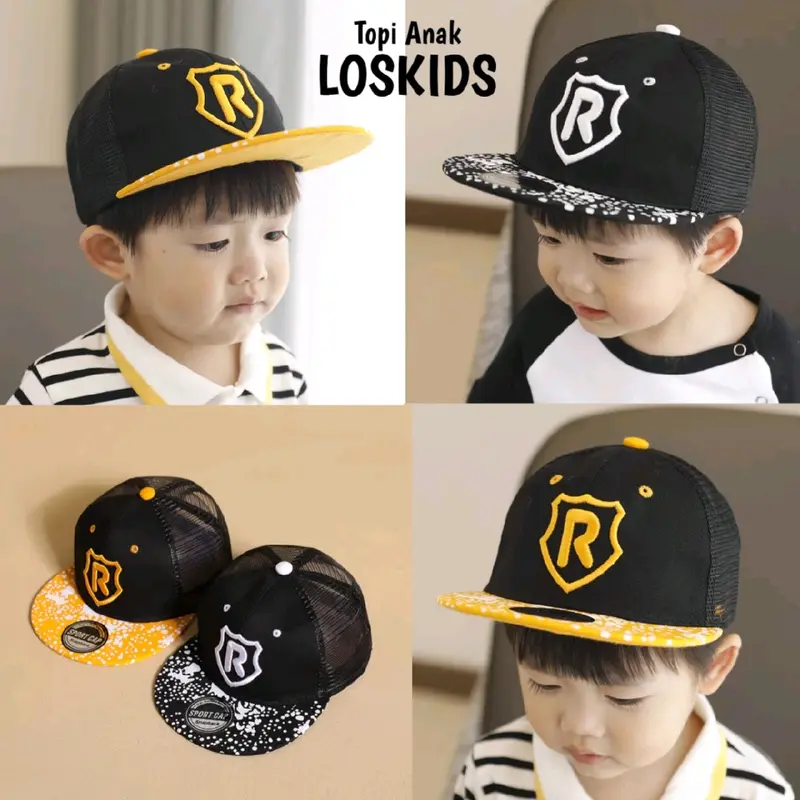 Topi Anak Hiphop atau Snapback Topi Jaring Logo R Buat Anak Usia 2 sampe 10 Tahun Hitam Kombinasi Kuning atau putih 0