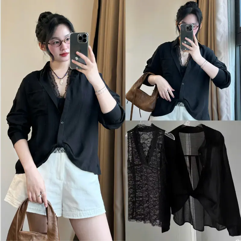 247store - Áo Sơ Mi Trắng Đũi Mềm Kèm Lót Ren Sang Chảnh set 2 chi tiết 402/241 3