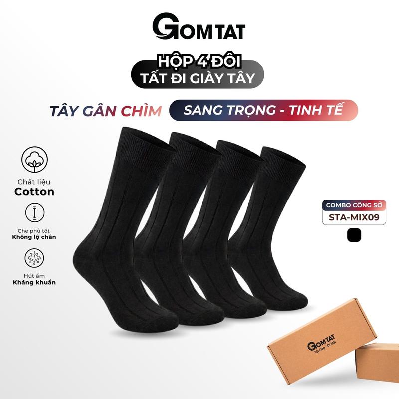  Hộp 4 đôi tất nam công sở cổ cao 25cm màu đen vớ nam đi giày tây họa tiết gân chìm chất liệu cao cấp vớ nam công sở cổ cao Cotton tất nam đi giày tây Menswear - STA-MIX09-DEN-CB4 