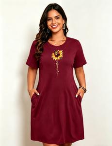 Vestido camiseta mujer, estampado girasoles, manga corta, cuello redondo, ideal verano​