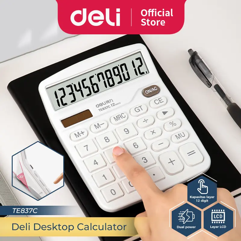 Deli Desktop Calculator / Kalkulator Meja 12 Digit Dual Power Layar LCD TE837C