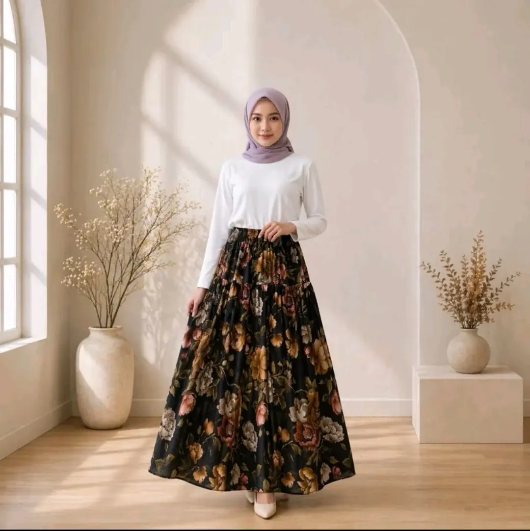 Rosella Rok Bunga Mayung Lebar Rample Floral Skirt Rayon Adem dengan Desain Elegan dan Nyaman untuk Dipakai Sehari-hari