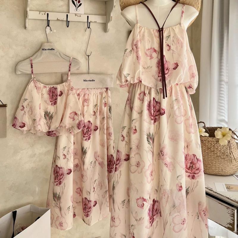 Set Váy Hoa Hồng Áo 2 Dây Dáng Bí Nhẹ Nhàng Nữ Tính Chân Váy Dài Xòe Top Nữ Loan Định Boutique LD464