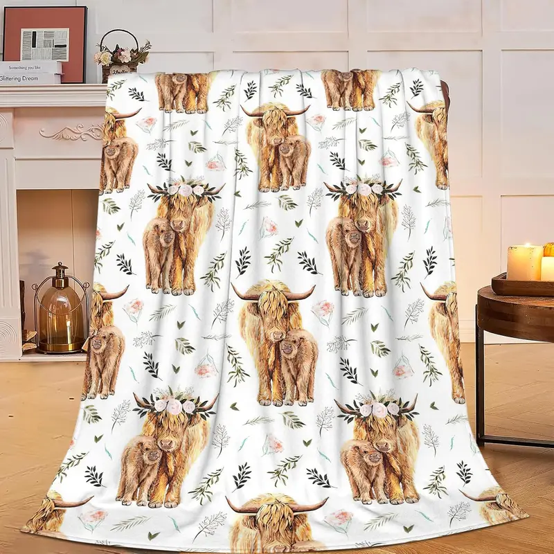 Highland Cow Print Blanket, 1 Count Soft Warm Throw Blanket, Air-conditioned Room Blanket, Warm Nap Blanket for Home Office Travel 6