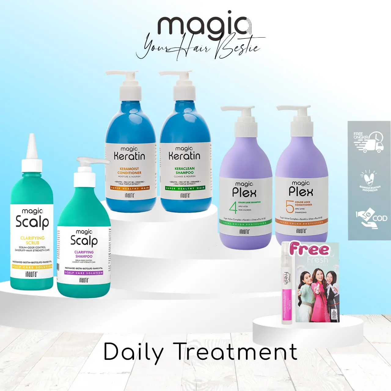 PAKET BUNDLING DAILY TREATMENT MAGIA SCALP SHAMPOO + SCRUB / MAGIA PLEX SHAMPOO+CONDI/ MAGIA KERATIN SHAMPOO+CONDI FREE GIFT MAGIA FRESH 8ML Perawatan Haircare