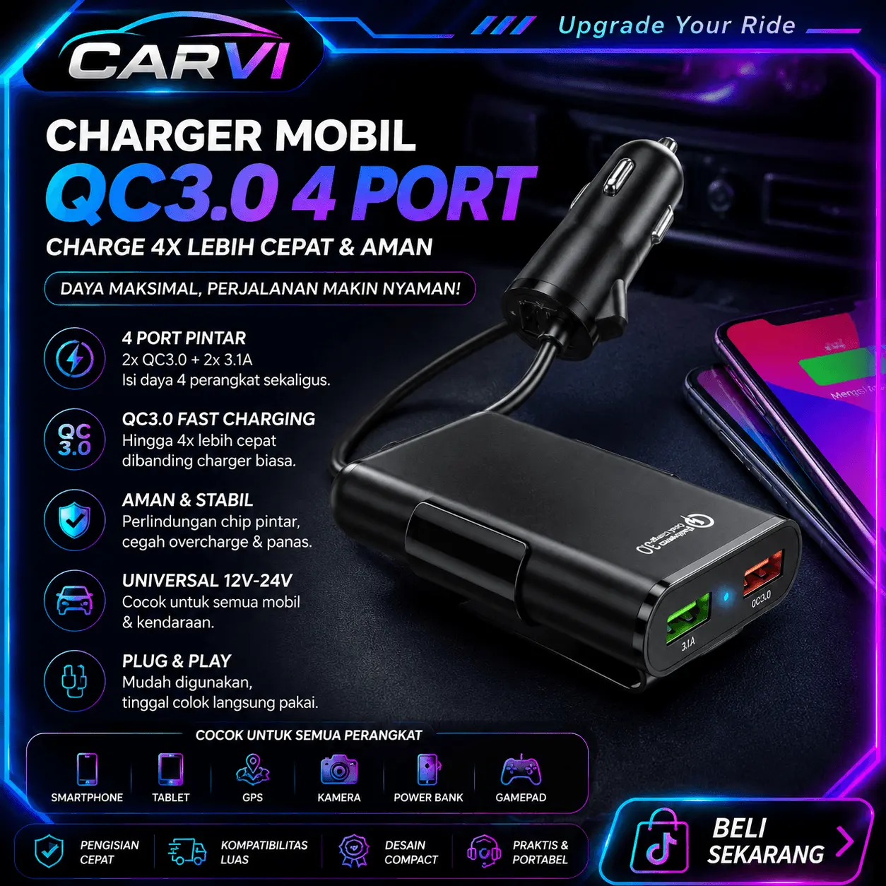 (CARVI) Charger Mobil Fast Charging QC3.0 4 Port Kabel Panjang Jok Belakang Awet Ngebut [Hitam]