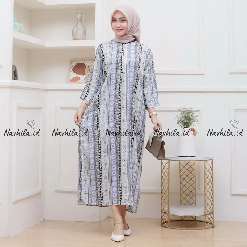Navhila - Daster Motif Kekinian Tangan 3/4 Katun Rayon Gamis Nyaman Panjang Wanita Bumil Zipper Busui Basic Daily Santai 8
