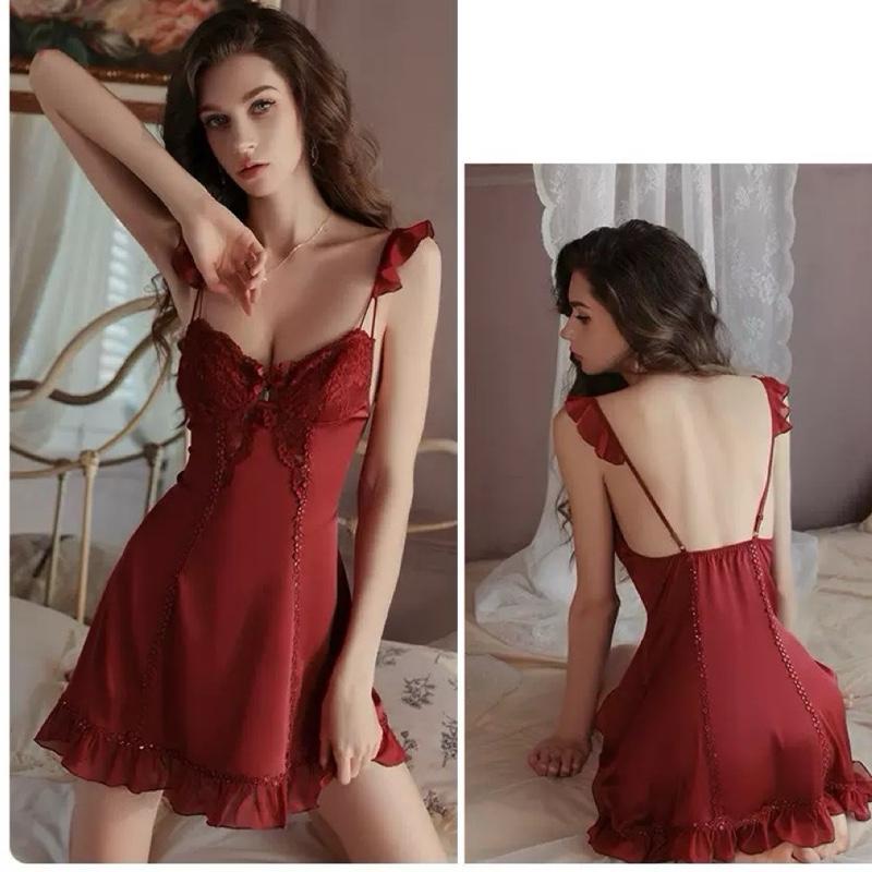  V392 - Váy ngủ lụa phối ren cánh tiên có đệm mút hàng chuẩn QC cao cấp 