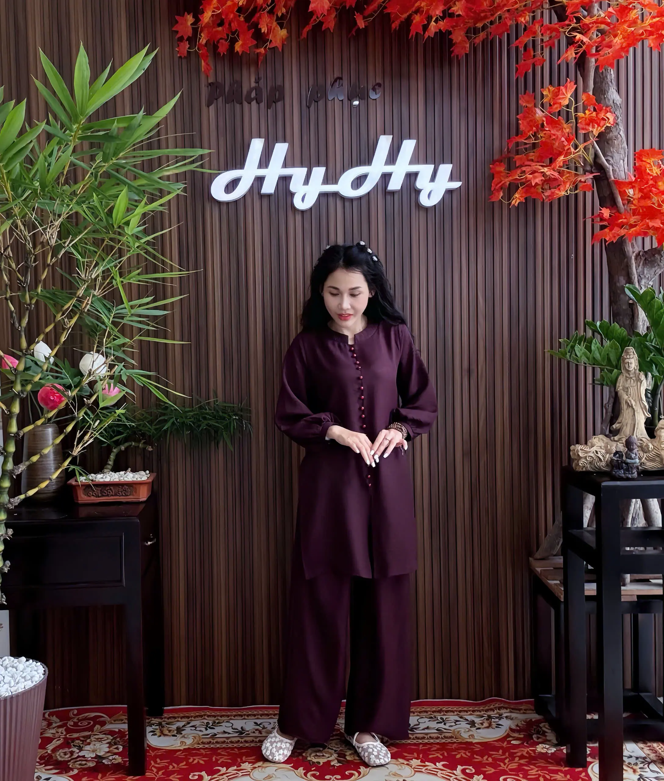 Diệu Ân - Bộ Pháp Phục Lễ Chùa Nữ Big Size Tay Phồng Đính Nút Thanh Lịch-HyHy
