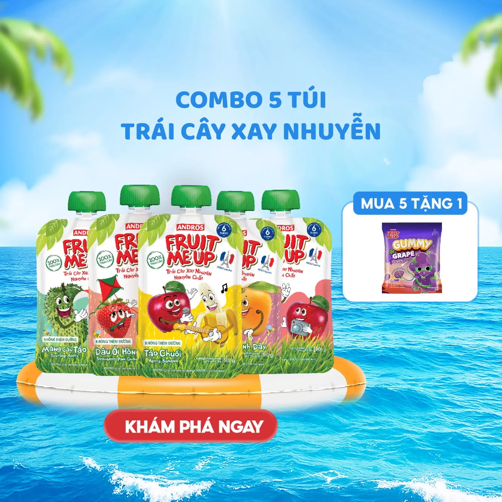 Combo 5 Túi Trái Cây Xay Nhuyễn - Bữa Phụ Trái Cây Xay Nhuyễn Mịn - ANDROS FRUIT ME UP - 90gx5