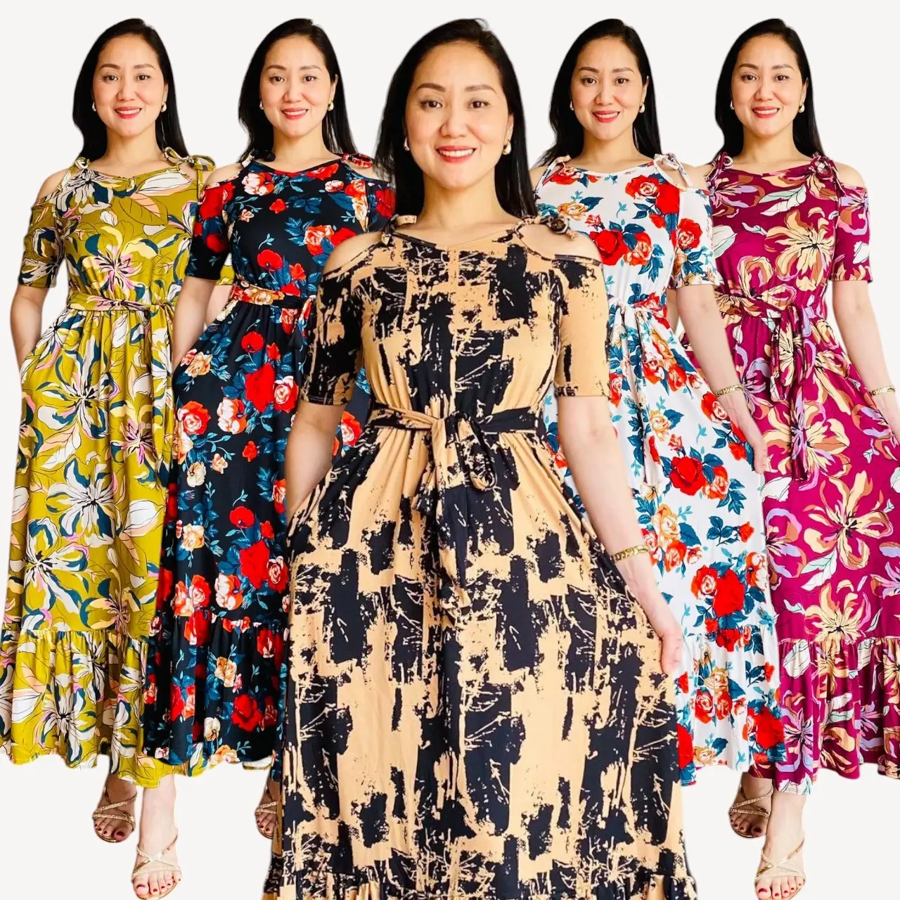 Cyrill Bakuna Cold Shoulder Sleeve Round Neck Cotton Spandex Women Casual Maxi Layered Dress