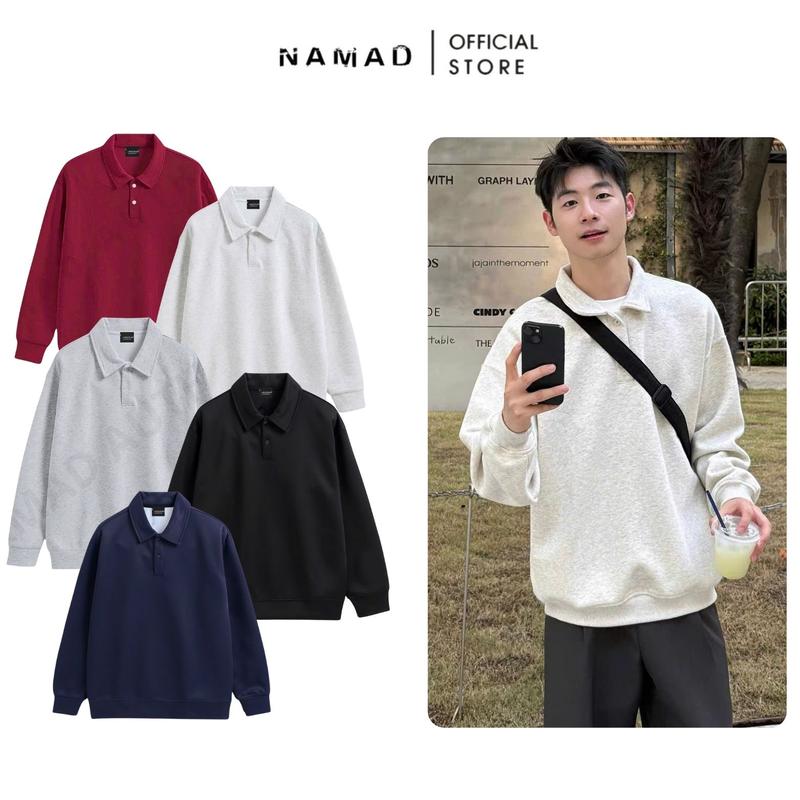 Áo Polo Sweater Nam Nữ Basic Form Suông Dài Tay Cổ Bẻ Chất Liệu Nỉ 2 Da Cao Cấp Logo Thêu Chỉ 5D Giữ Nhiệt Tốt Namad