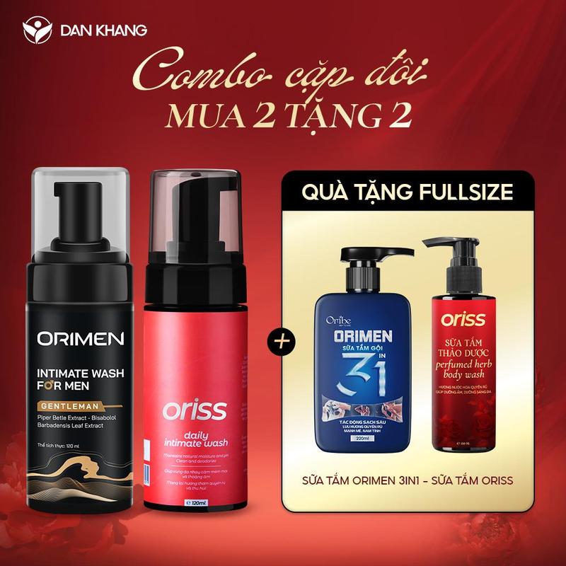 Combo cặp đôi 1 Dung dịch vệ sinh phụ nữ dạng bọt Oriss Daily Intimate Wash chai 120ml + 1 Bọt vệ sinh nam giới Orimen Dân Khang hỗ trợ làm sạch cải thiên ngứa ngáy mùi hôi và lưu hương nước hoa chai 120ml