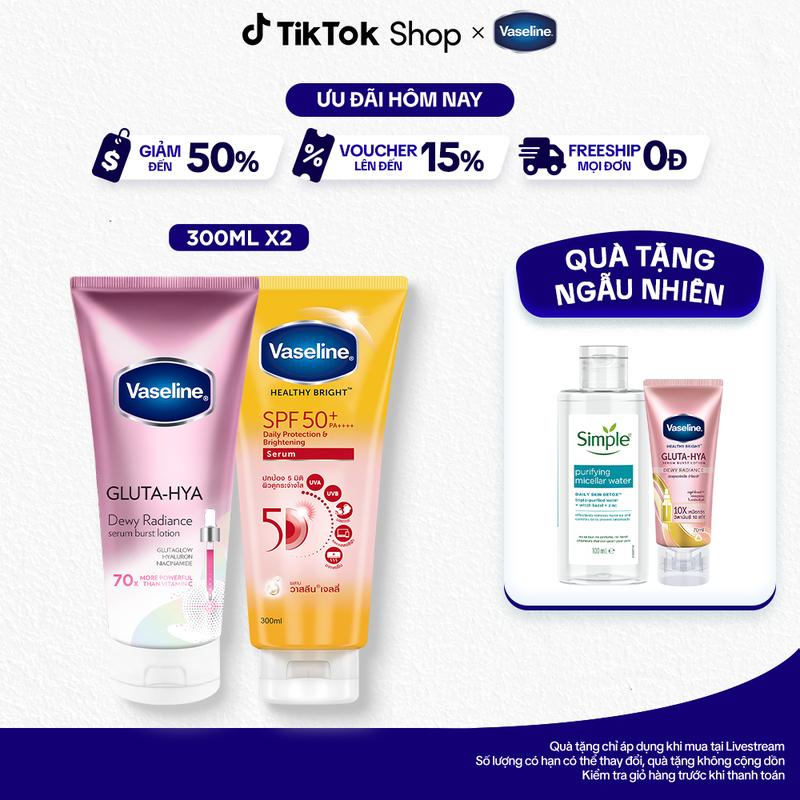 3FS Combo 2 Serum Chống Nắng Vaseline Với SPF50+PA++++ Hỗ Trợ Bảo Vệ Da 300ml + Sữa dưỡng thể Vaseline Gluta-Hya Hỗ Trợ Dưỡng Da Chuyên Sâu Nữ 300ml