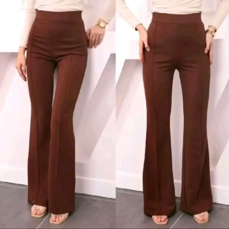 FLARE FANTS CELANA CUTBRAY GARIS FLARE CELANA SCUBA LIST CELANA PANJANG HIGHWAIST celana flare Fit Karet Lembut Melar Tebal Wanita Kulot Pant Basic Kain Kantong 4