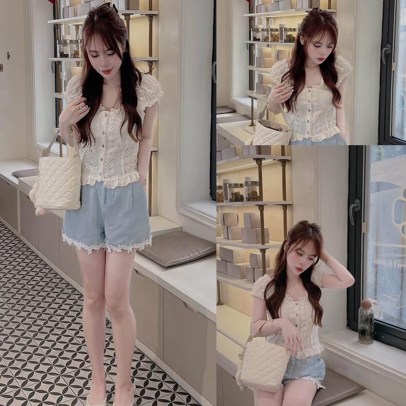 Bộ Quần Đùi Xanh Viền Ren Áo Kiểu Tay Bồng Dáng Dáng Viền Bèo Top Nữ Women TTN145