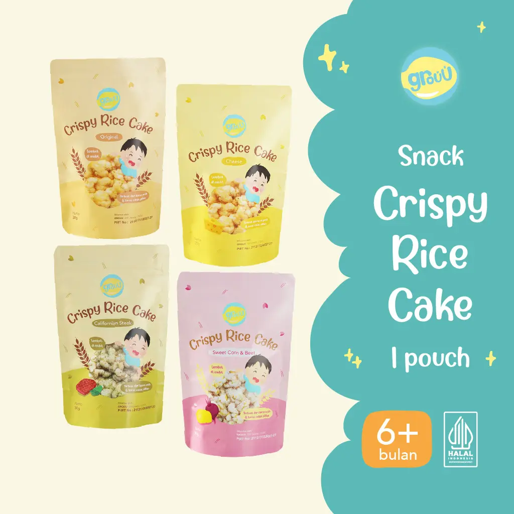 Grouu - Cemilan / Camilan anak MPASI - Crispy Rice Cake Snack bayi rasa original, Keju / Cheese, Sapi / Beef, Jagung / Corn - Makanan Bayi Baby Food Corn Kids