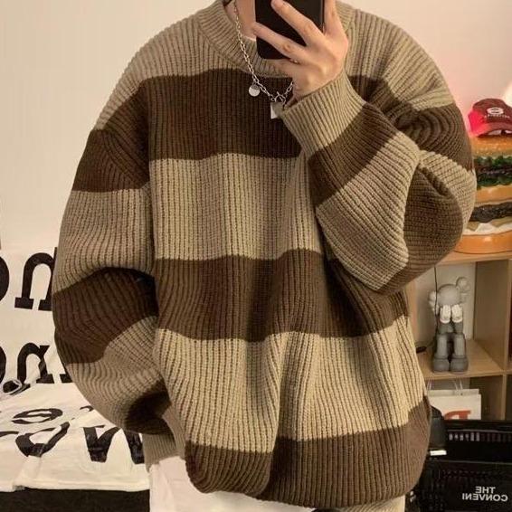 Menswear ,Áo Len Cổ Tròn Kẻ Sọc Cho Nam, Shirt , Áo Len Dệt Kim, Áo Len Có Lớp Lót,Thời Trang Dạo Phố Phong Cách Hàn Quốc, Ngầu, Đẹp Trai,  Áo Thun Dài Tay Cá Tính，Thu Đông Màu Đen 6