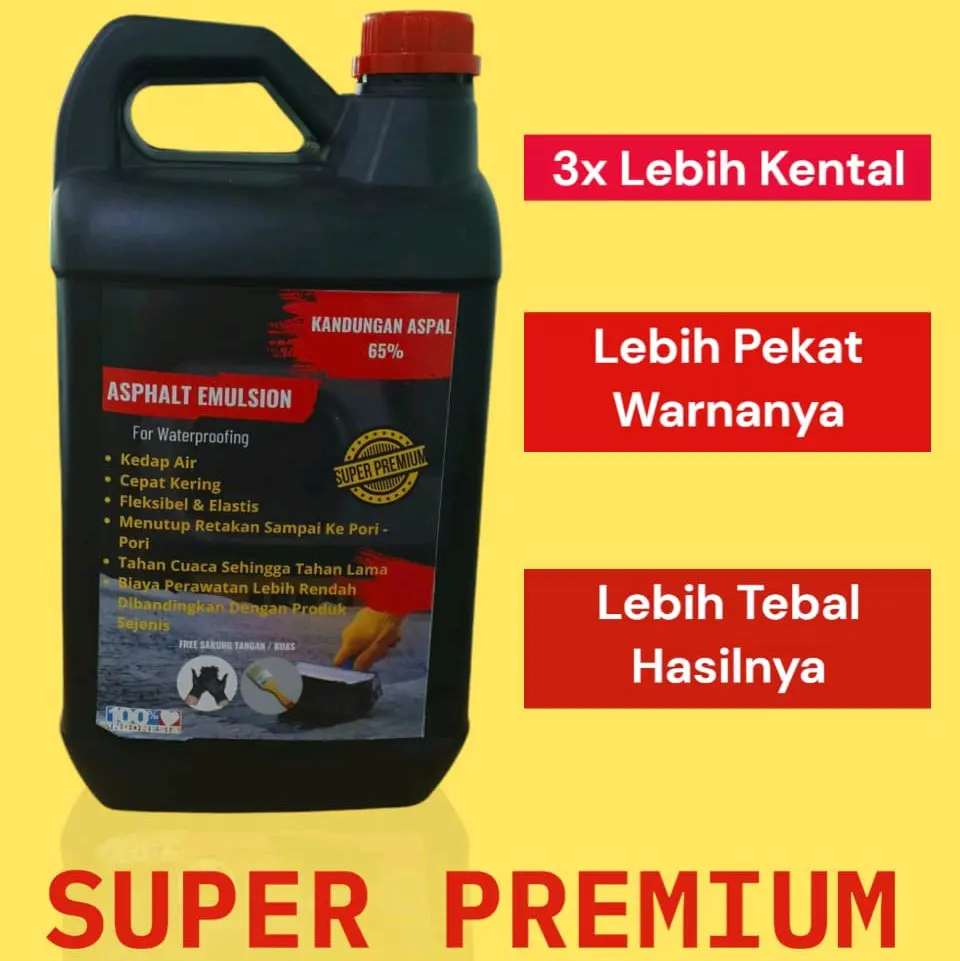 Aspal Cair Waterproof Super Premium Quality 5kg dengan Daya Rekat Kuat dan Tahan Cuaca ( KADAR ASPAL 65 % ) Free Kuas 2" & Sarung Tangan