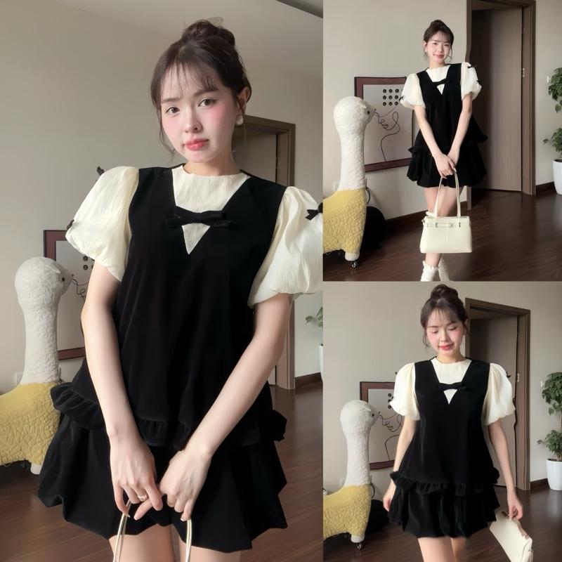 Set bộ áo chất nhung tay bồng đính nơ dáng ngắn dành cho nữ phong cách Hàn Quốc kèm chân váy bí có quần bảo hộ dilyshop - M127