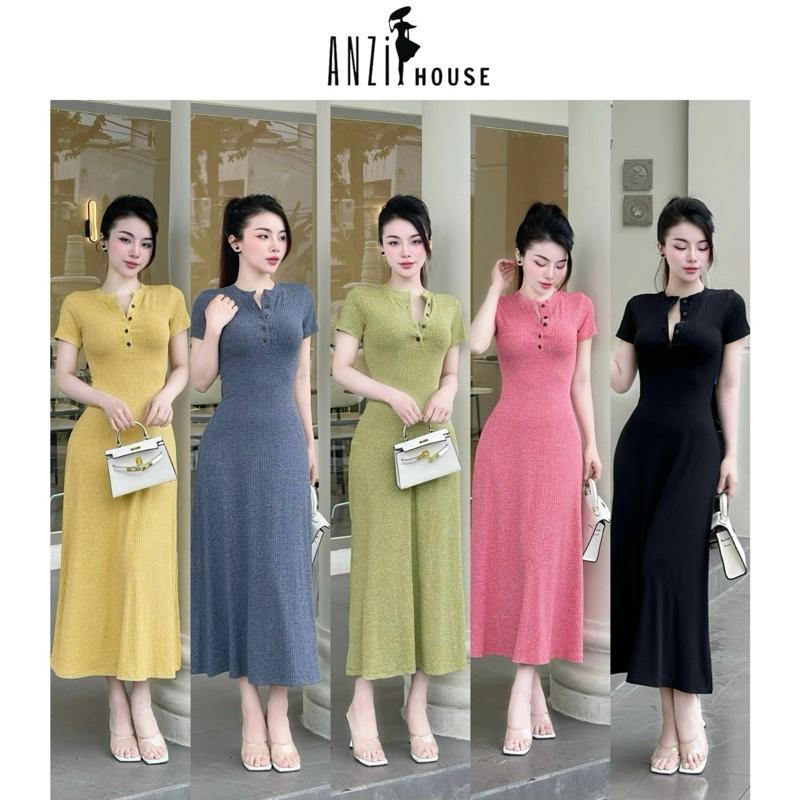 ANZi House Đầm Xoè Body Tay Ngắn Tôn Dáng Cổ Trụ vải Đũa Lạnh CD Quảng Châu mới ra co giãn mát mẽ mùa hè Nữ Dress Women - Đỏ