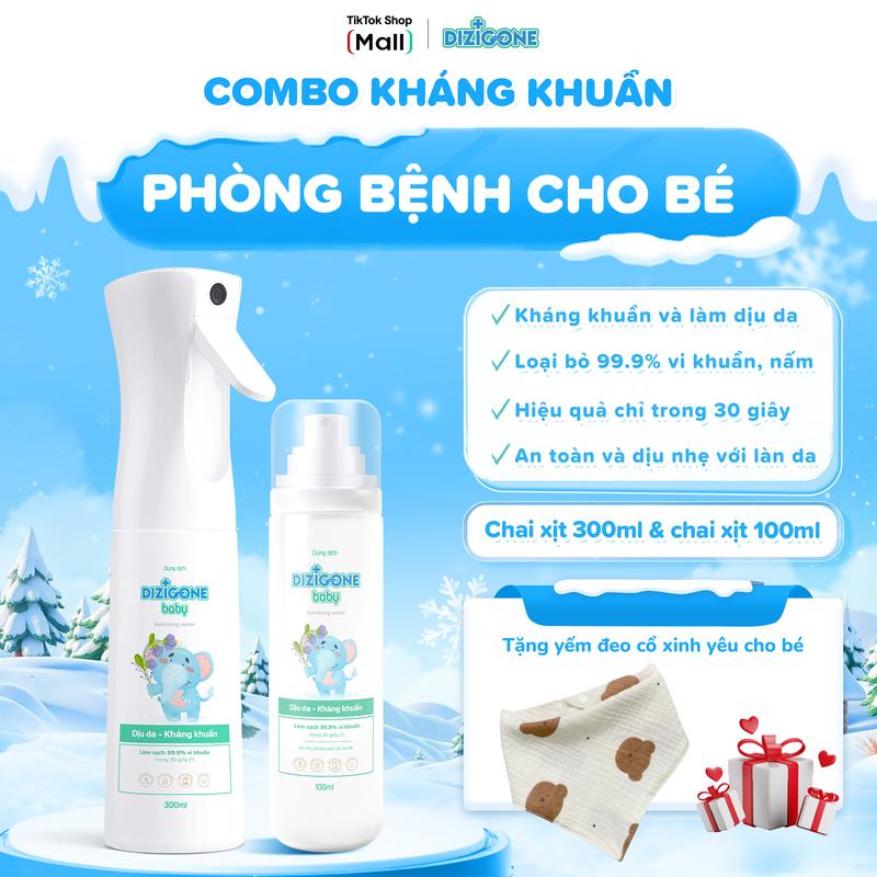 LIVESTREAM DIZIGONE X KOC 1 COMBO Xịt kháng khuẩn DIZIGONE Baby 300ml & Xịt kháng khuẩn DIZIGONE Baby 100ml: Vệ sinh tay chân cơ thể đồ chơi đồ dùng cho bé; phòng bệnh và bảo vệ bé - TẶNG 1 YẾM TAM GIÁC CHO BÉ