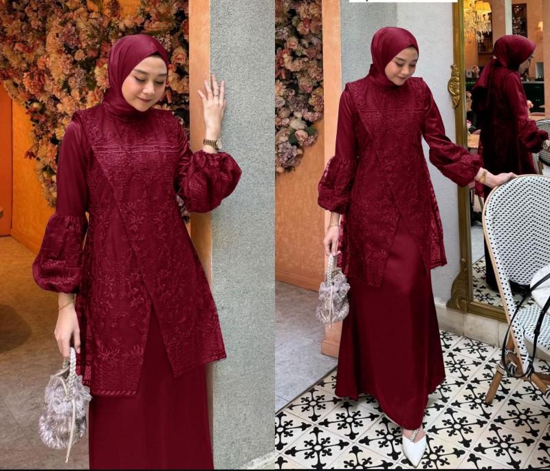 Product Introduction of Gamis Farah / Maxi brukat / Muslim Wanita  Tile  Mutiara  Dress   Karet  Pesta  Mewah  Dalaman  Fit UK L DAN XL Kondangan Coklat Brokat Gaun 8