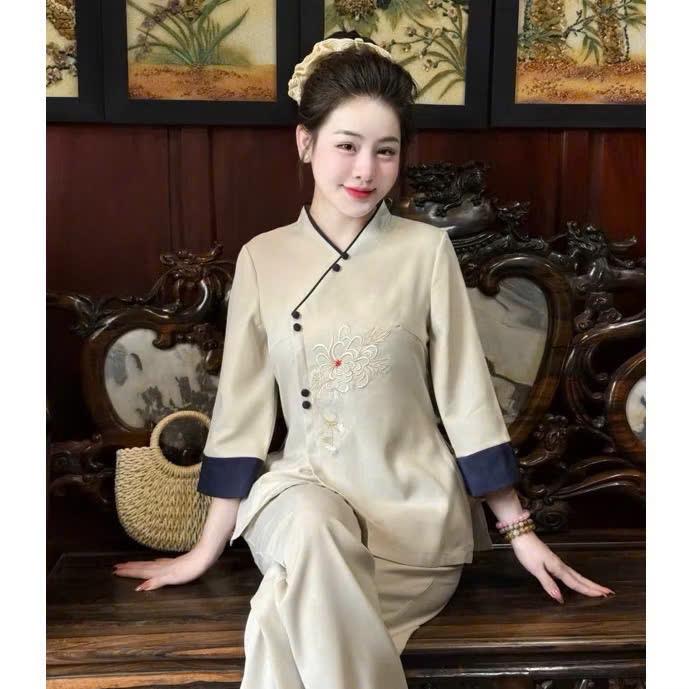 Phapphucdichua Bộ Đồ Lam Đi Chùa Nữ Thêu Hoa Cổ Viền Đính Nút Bọc Tay Phối Quần Ống Suông 4 Màu Đũi Thái Mềm Mịn Thoáng Mát Phong Cách Thanh Lịch Kín Đáo