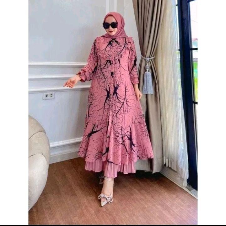 Gamis Yumna Set Long Tunik Rok Plisket - Kombinasi Burkat Import - Dress, Muslim, Wanita, Belah Samping, Jilbab, Armani, Syari, Nyaman, Pesta 2