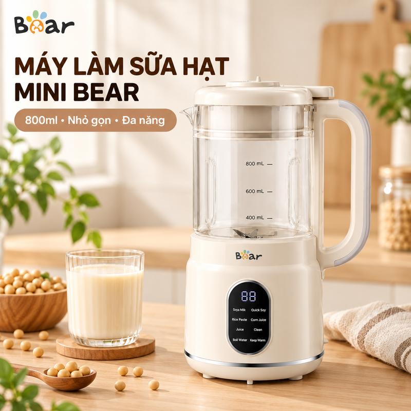 Máy Làm Sữa Hạt Mini Bear 800ml, Thiết Kế Nhỏ Gọn Tiết Kiệm Diện Tích, Xay Nấu Đa Năng, Làm Sữa Đậu Nành, Sữa Hạt, Cháo Gạo, Nước Ngô, Nước Ép, Đun Nước, Giữ Ấm, Tự Làm Sạch, Điều Khiển Điện Tử Dễ Dùng