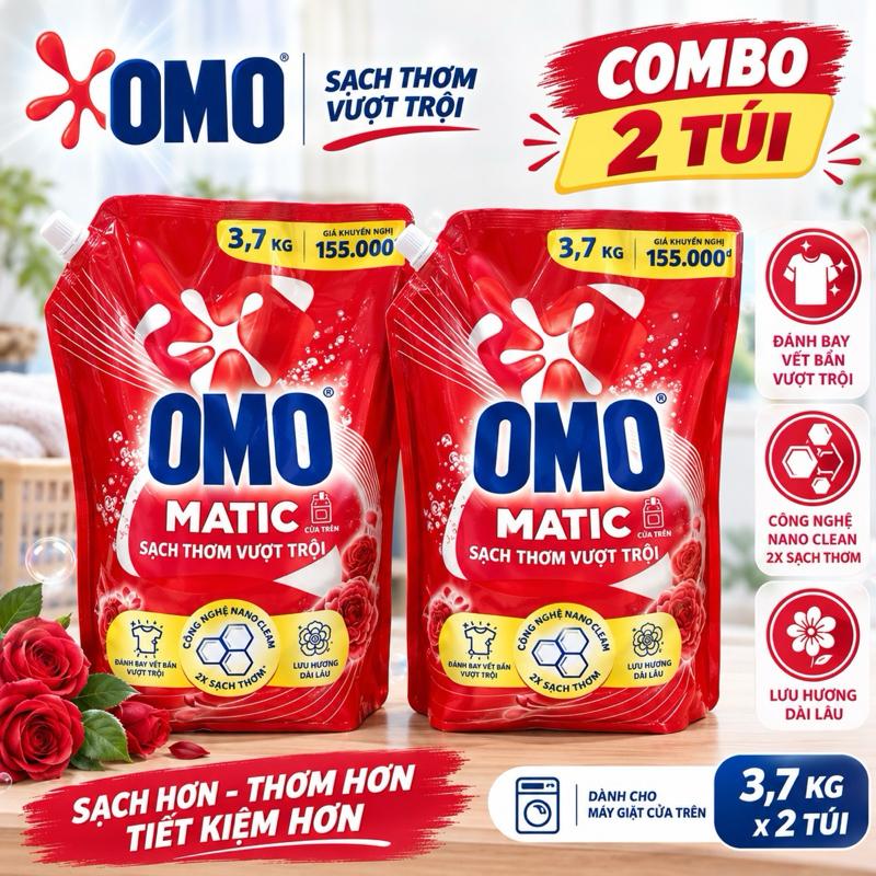 OMO Combo 2 Túi Nước Giặt Matic 3, 7kg Sạch Thơm Vượt Trội Phù Hợp Máy Giặt