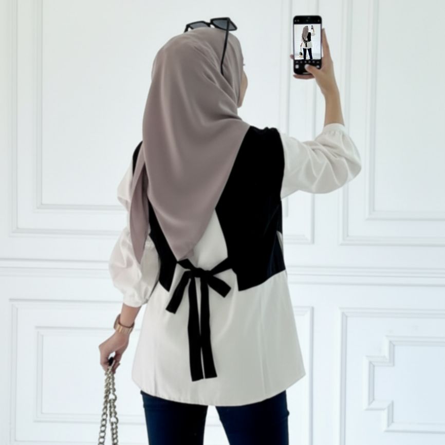 [parveen id] GYANI BLOUSE Kemeja Wanita Kombinasi Knit & Crepe LD 110 Lengan Puffy Balon - Atasan Blouse Modest Korea Style