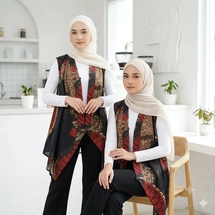 Vest Batik Long Tanpa Lengan Baju Kondangan Outer Batik Kekinian Cantik Muslim Corak Mewah Warna Natural