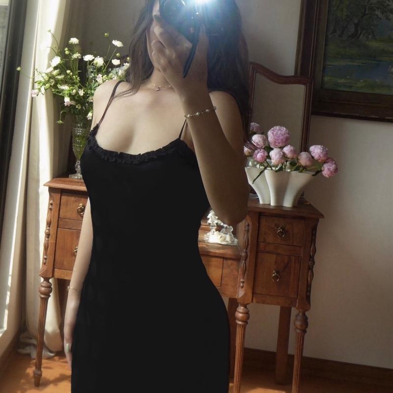 Đầm Lụa Viền Bèo Hai Dây Form Dài ( Có Mút )