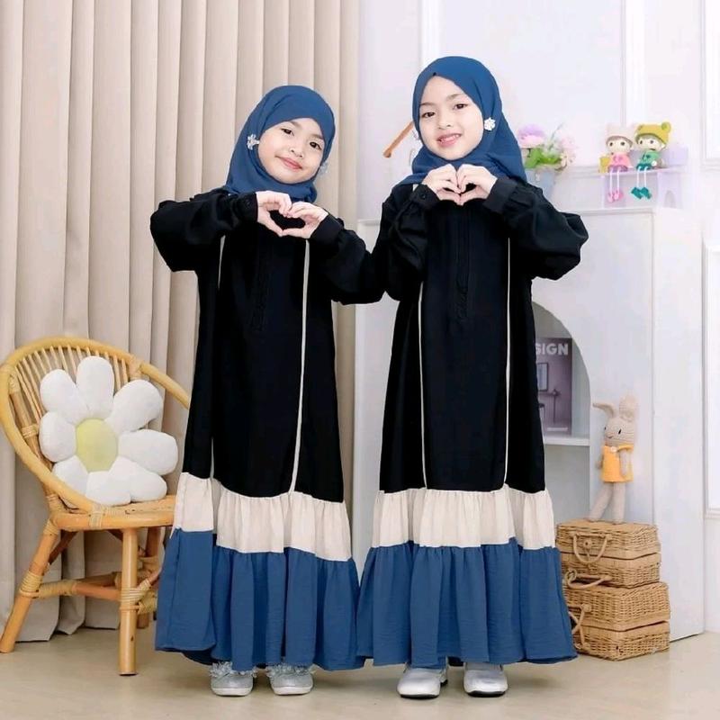 Gamis Lebaran Anak Perempuan Simple Elegan Untuk Anak Usia 6 7 8 9 Tahun Fahira Kids Abaya Set Hijab Bahan Crinkle Resleting Depan Bagian Tangan Karet Pakaian Muslim Anak Perempuan Kekinian 4
