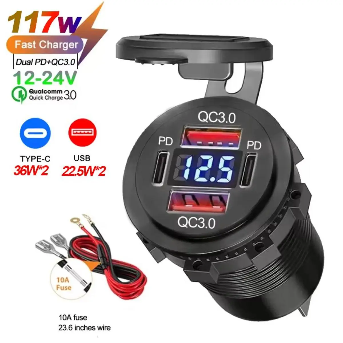 Bộ sạc ô tô, 117W, PD kép và QC 3.0 USB kép, với ổ cắm Vôn Kế Bộ Chuyển Đổi ổ cắm điện, không thấm nước, Thích hợp cho ô tô 12V / 24V và thuyền, đèn xanh