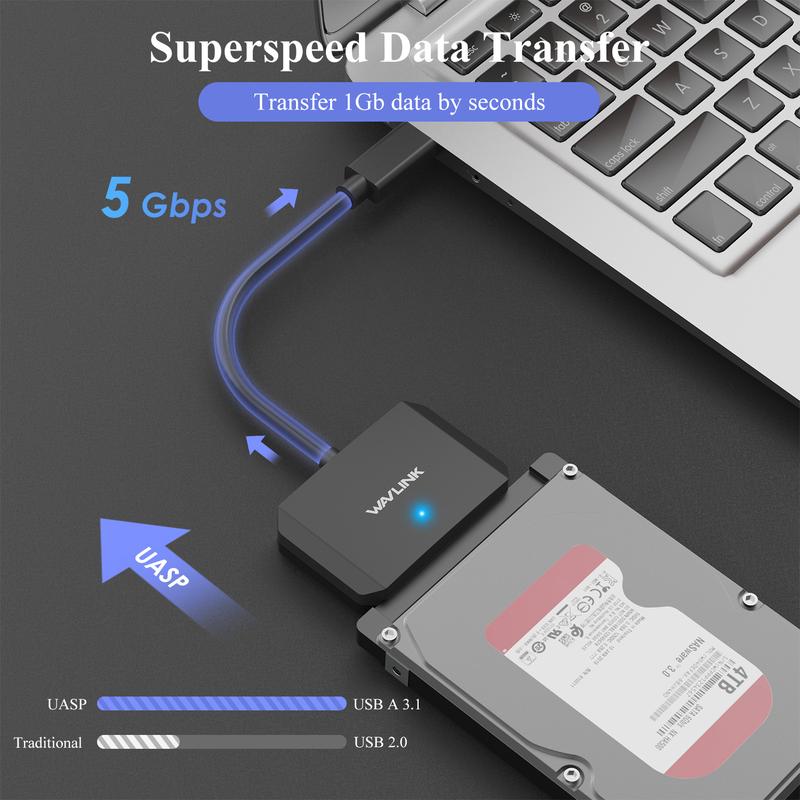 Cáp Bộ Chuyển Đổi Ổ Cứng USB3.0 Sang SATA III, WAVLINK, Bộ Chuyển Đổi SATA Sang USB A 5Gbps, Đầu Nối Ổ Cứng Ngoài, Tương Thích Với Ổ Cứng 2.5 "/ 3.5" HDD / SSD, Bao Gồm Bộ Chuyển Đổi Nguồn 2