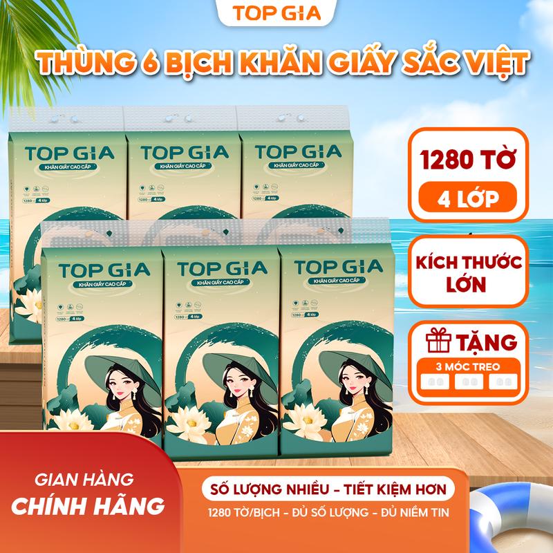 FS( Đa Kho ) Thùng 6 Bịch Khăn Giấy rút đáy Topgia Sắc Việt 4 lớp Tặng 3 móc treo tường thành phần bột gỗ an toàn lành tính giấy vệ sinh khăn lau giấy ăn