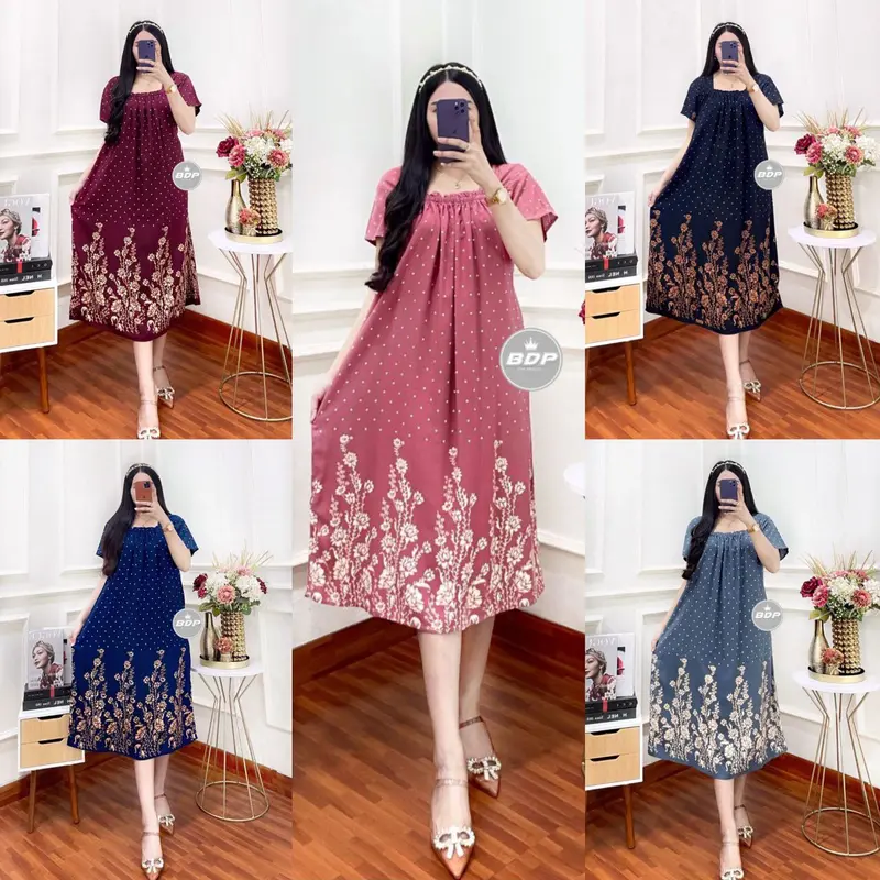 Daster Motif Akar Bunga 3/4 Chibi Elsa - Kain Santung Rayon Tebal - Busui Friendly Karet Wanita Bumil Ibu 0