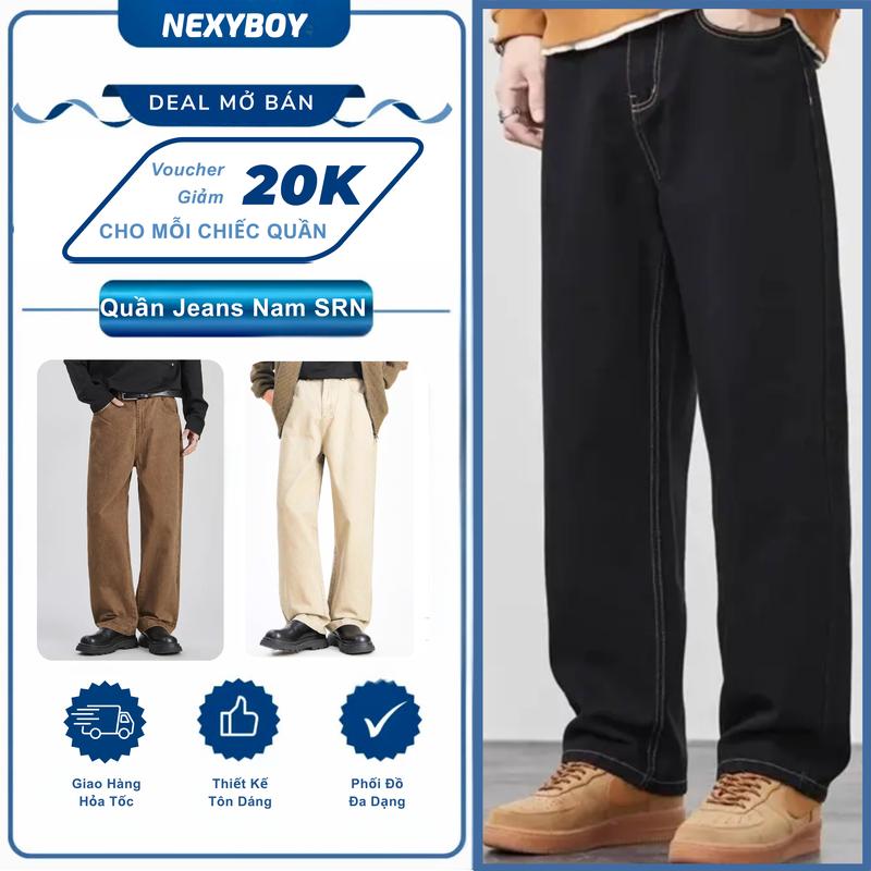 NEXYBOY Quần Jean Nam Ống Suông Rộng SRN 3 Màu: Đen chỉ Vàng Kem Be Nâu Cà Phê Vintage Cạp Cao Form Suông Ống Rộng Chất Vải Denim Mềm Mịn Thoáng Mát Menswear Pants Siêu Sale