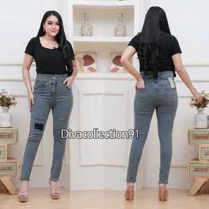 celana jeans panjang strech wanita sobek melar Cewek