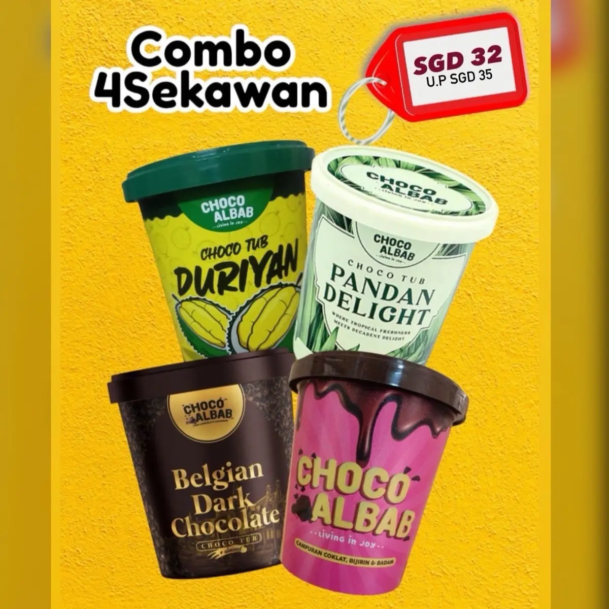 Choco Albab 4 Sekawan combo | Pandan, Duriyan, Dark Chocolate, Pink Tub Chocolates Cereal